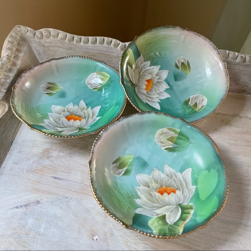 Vintage Hand Painted Bavarian Porcelain Bowls - Set of 3 - Water Lilies